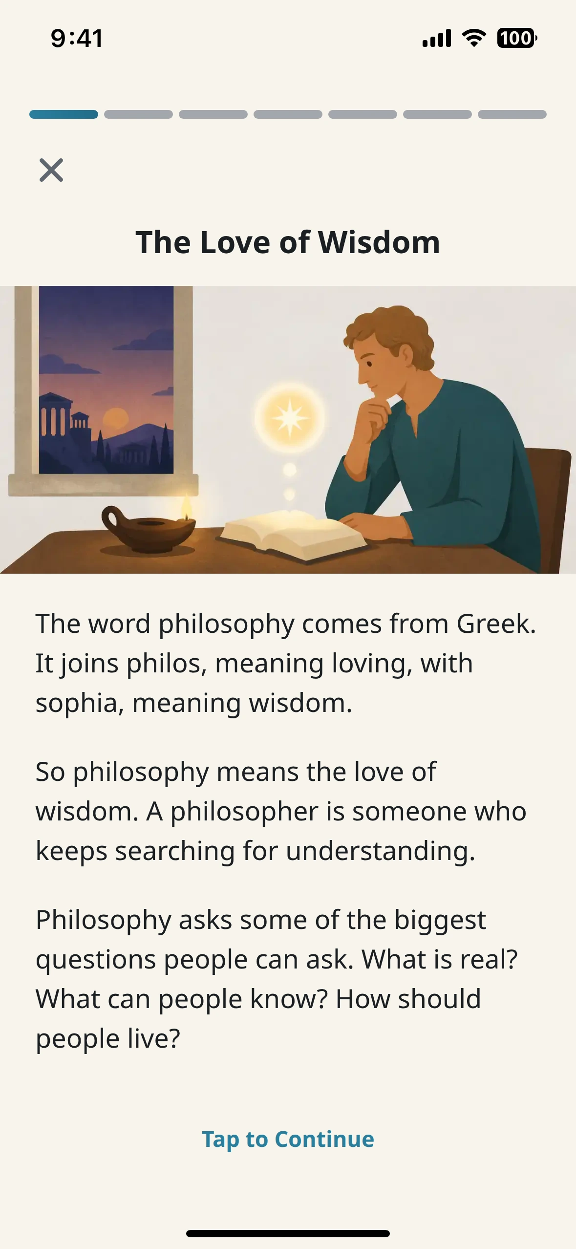 A lesson page of the Philos app